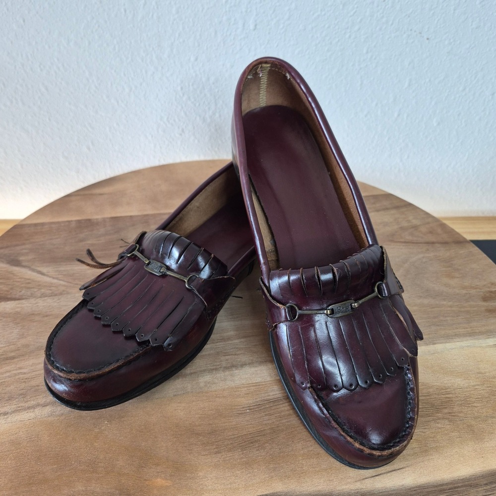Bass Loafers Vintage 90s Kiltie Fringe Leather Burgundy 10 Dark Academia Preppy